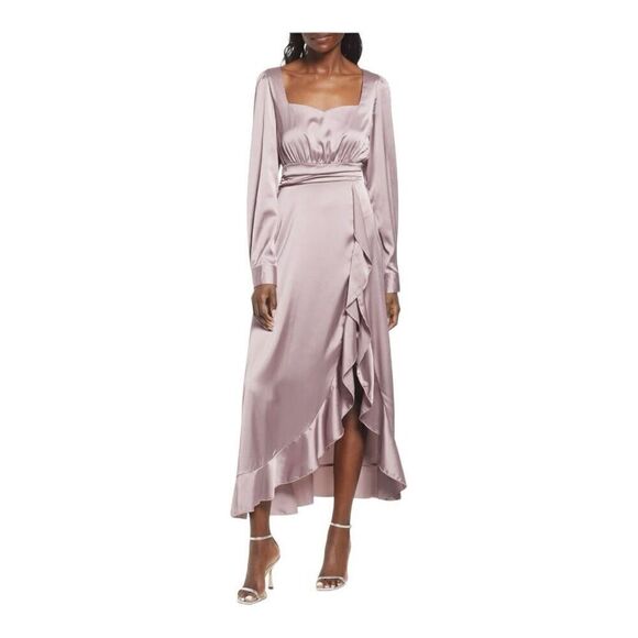 Area Stars Light Pink Ruffle Detail Long Sleeve Satin Dress Size Small - Picture 1 of 8